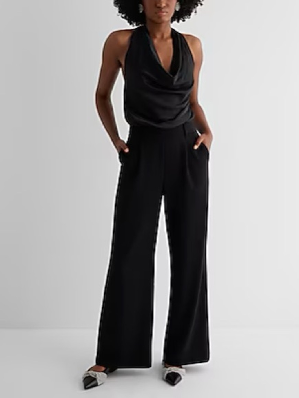 Express Black Draped Halter Wide-Leg Jumpsuit